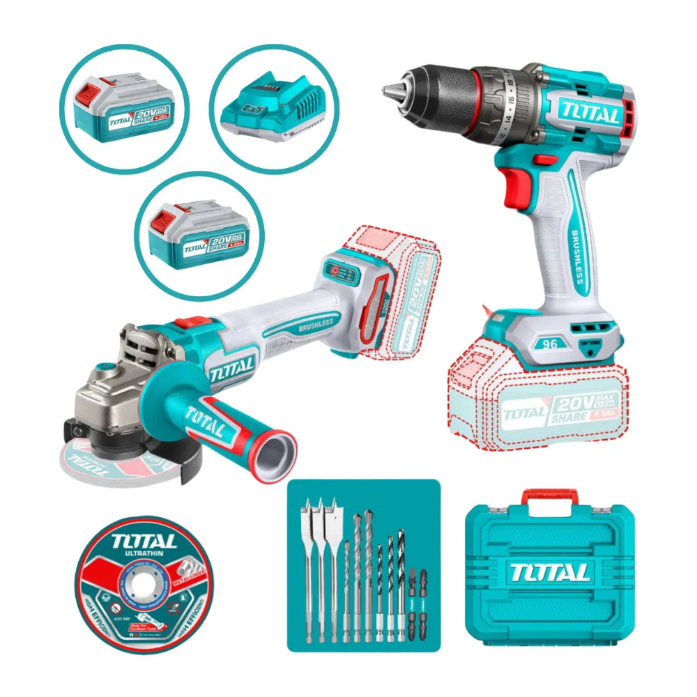 Kit Taladro 96 Nm + Amoladora 20 V Brushless TOTAL (Industrial)