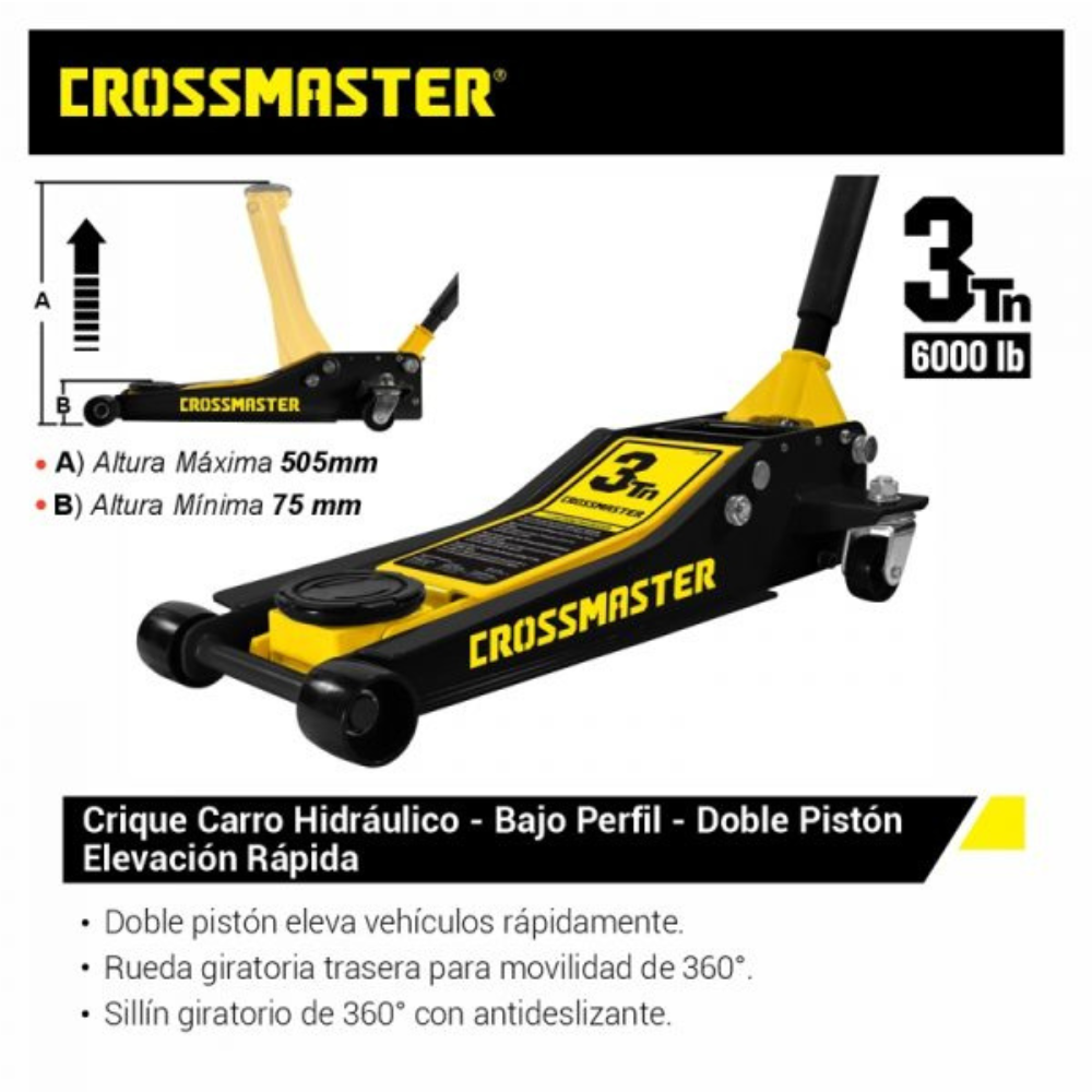 Gato Hidráulico CROSSMASTER 3 TN Perfil Bajo Tipo Carro